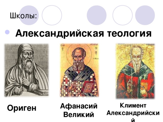 Школы:   Александрийская теология Климент Александрийский Афанасий Великий Ориген 