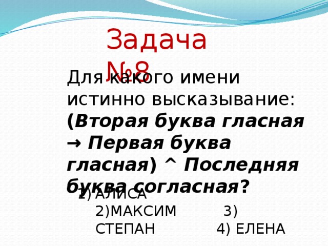 Задача №8 Для какого имени истинно высказывание: ( Вторая буква гласная →  Первая буква гласная )  ^  Последняя буква согласная ? АЛИСА                  2)МАКСИМ          3) СТЕПАН             4) ЕЛЕНА  