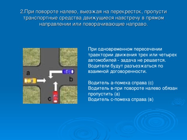 2.При повороте налево, выезжая на перекресток, пропусти транспортные средства движущиеся навстречу в прямом направлении или поворачивающие направо. При одновременном пересечении траектории движения трех или четырех автомобилей - задача не решается. Водители будут разъезжаться по взаимной договоренности. Водитель а-помеха справа (с) Водитель в-при повороте налево обязан пропустить (а) Водитель с-помеха справа (в) 