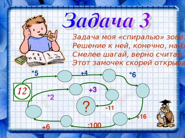 Задача моя «спиралью» зовется. Решение к ней, конечно, найдется! Смелее шагай, верно считай, Этот замочек скорей открывай! *5 +4 *6 +3 *2 ? -11 +16 :100 +6 