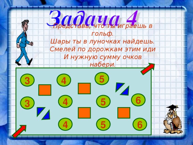 Представь, что ты играешь в гольф. Шары ты в луночках найдешь. Смелей по дорожкам этим иди И нужную сумму очков набери. (Нужно набрать 20 очков.) 5 4 3 6 5 4 3 5 4 6 