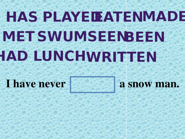 made has played eaten met swum seen been Had lunch written I have never a snow man.
