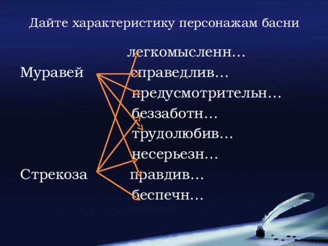 Дайте характеристику персонажам басни  легкомысленн… Муравей справедлив…  предусмотрительн…  беззаботн…  трудолюбив…  несерьезн… Стрекоза правдив…  беспечн…