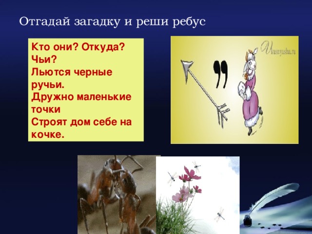 Отгадай загадку и реши ребус Кто они? Откуда? Чьи?  Льются черные ручьи.  Дружно маленькие точки  Строят дом себе на кочке.