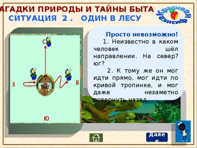 Загадки природы и тайны быта Ситуация 2 . Один в лесу  Просто невозможно!  1. Неизвестно в каком человек шёл направлении. На север? юг?  2. К тому же он мог идти прямо, мог идти по кривой тропинке, и мог даже незаметно повернуть назад.  Средняя скорость человека 5 км/ч. Можно ли быстро найти человека зная, что он 2 часа назад ушёл за ягодами в лес и заблудился ? Далее 