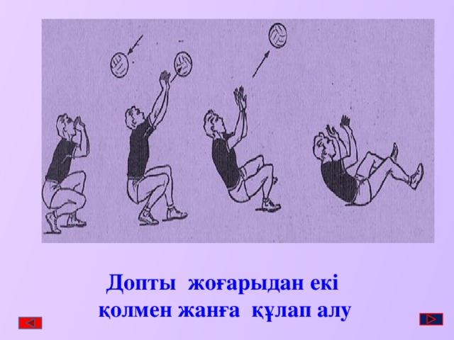 Допты жоғарыдан екі қолмен жанға құлап алу 