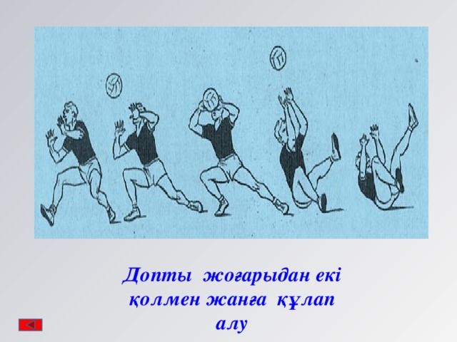 Допты жоғарыдан екі қолмен жанға құлап  алу 