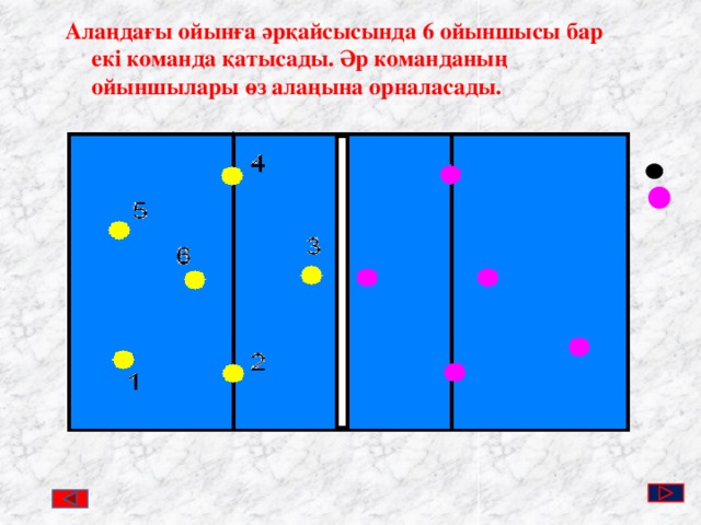 Алаңдағы ойынға әрқайсысында 6 ойыншысы бар екі команда қатысады. Әр команданың ойыншылары өз алаңына орналасады. 