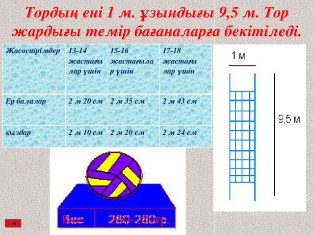 Тордың ені 1 м. ұзындығы 9,5 м. Тор жардығы темір бағаналарға бекітіледі. Жасөспірімдер 13-14 жастағы лар үшін Ер балалар 15-16 жастағылар үшін 2 м 20 см қыздар 17-18 жастағы лар үшін 2 м 35 см 2 м 10 см 2 м 43 см 2 м 20 см 2 м 24 см 