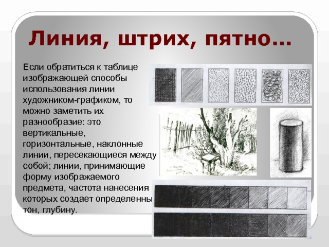 Линия, штрих, пятно… Если обратиться к таблице изображающей способы использования линии художником-графиком, то можно заметить их разнообразие: это вертикальные, горизонтальные, наклонные линии, пересекающиеся между собой; линии, принимающие форму изображаемого предмета, частота нанесения которых создает определенный тон, глубину. 