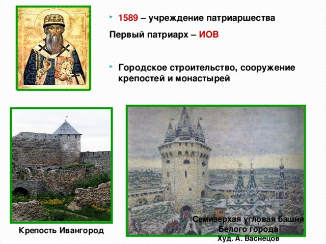 1589 – учреждение патриаршества Первый патриарх – ИОВ  Городское строительство, сооружение крепостей и монастырей    Семиверхая угловая башня Белого города Худ. А. Васнецов Крепость Ивангород 