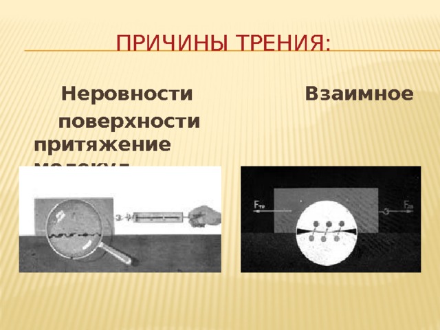 ПРИЧИНЫ ТРЕНИЯ:  Неровности  Взаимное  поверхности  притяжение       молекул 