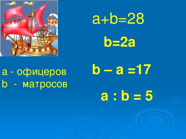 a+b=28 b=2a b – a =17 a - офицеров b - матросов a : b = 5
