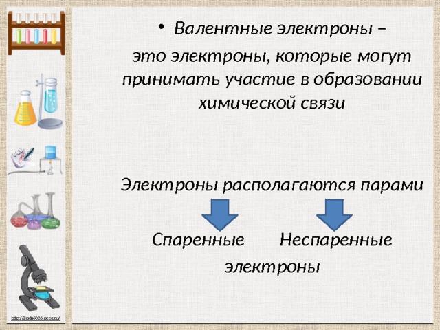 Валентные электроны – это электроны, которые могут принимать участие в образовании химической связи   Электроны располагаются парами  Спаренные Неспаренные электроны 