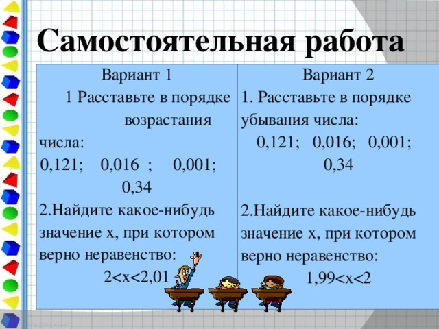 Самостоятельная работа Вариант 1  1 Расставьте в порядке возрастания числа: 0,121; 0,016 ; 0,001; 0,34 2.Найдите какое-нибудь значение х, при котором верно неравенство: 2Вариант 2 1. Расставьте в порядке убывания числа: 0,121; 0,016; 0,001; 0,34 2.Найдите какое-нибудь значение х, при котором верно неравенство: 1,99 