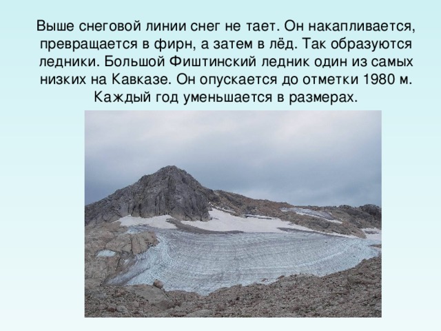 Выше снеговой линии снег не тает. Он накапливается, превращается в фирн, а затем в лёд. Так образуются ледники. Большой Фиштинский ледник один из самых низких на Кавказе. Он опускается до отметки 1980 м. Каждый год уменьшается в размерах. 