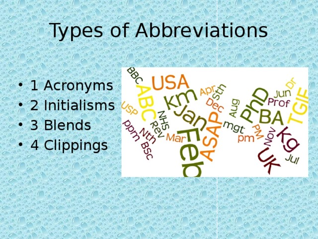 Types of Abbreviations 1 Acronyms 2 Initialisms 3 Blends 4 Clippings 