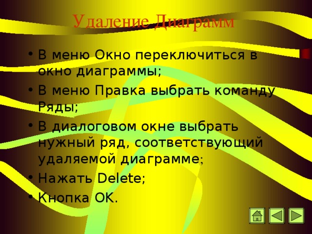 Удаление Диаграмм В меню Окно переключиться в окно диаграммы;  В меню Правка выбрать команду Ряды;  В диалоговом окне выбрать нужный ряд, соответствующий удаляемой диаграмме ; Нажать Delete ; Кнопка OK .  