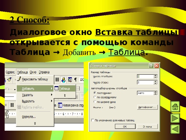 2 Способ: Диалоговое окно Вставка таблицы открывается с помощью команды Таблица → Добавить → Таблица .  