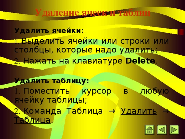 Удаление ячеек и таблиц Удалить ячейки: 1.   Выделить ячейки или строки или столбцы, которые надо удалить; 2.   Нажать на клавиатуре Delete . Удалить таблиц у : 1.   Поместить курсор в любую ячейку таблицы; 2.   Команда Таблица → Удалить → Таблица . 