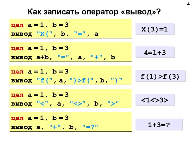  Как записать оператор «вывод»? цел a  =  1, b  =  3 вывод 