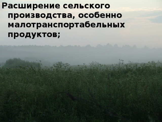 Расширение сельского производства, особенно малотранспортабельных продуктов; 