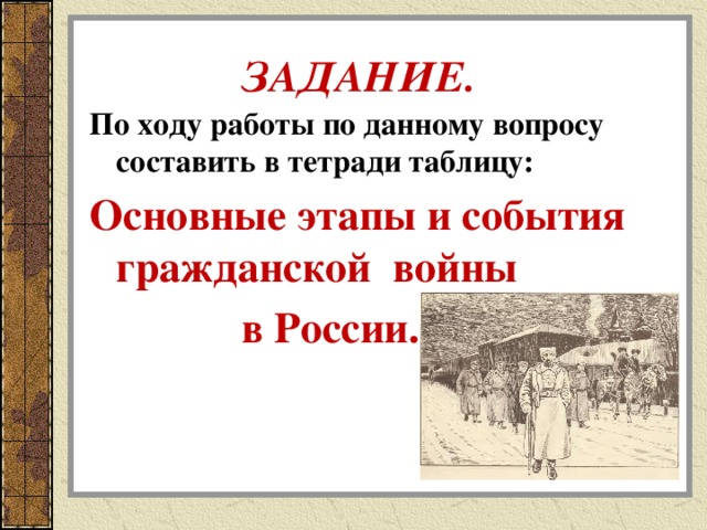  ЗАДАНИЕ. По ходу работы по данному вопросу составить в тетради таблицу: Основные этапы и события гражданской войны  в России. 