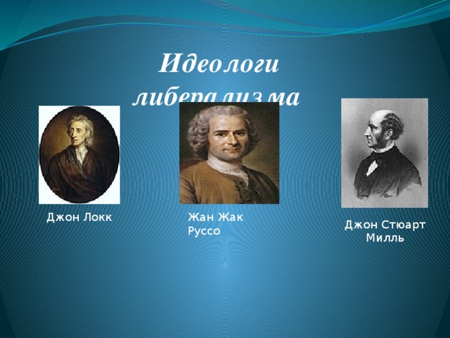 Идеологи либерализма Джон Локк Жан Жак Руссо Джон Стюарт Милль