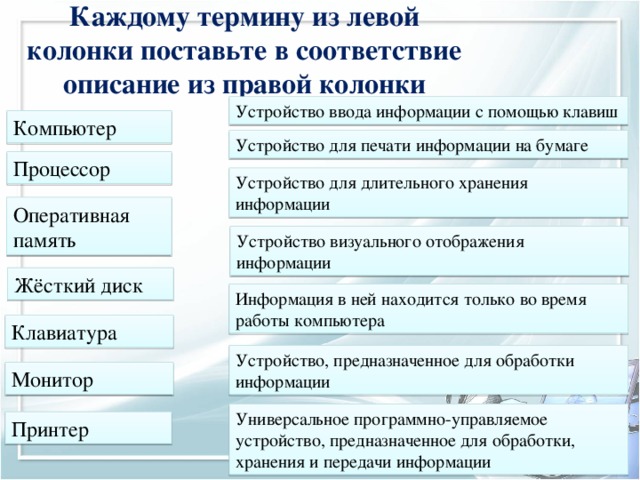 Каждому термину из левой колонки поставьте в соответствие описание из правой колонки Устройство ввода информации с помощью клавиш Компьютер Устройство для печати информации на бумаге Процессор Устройство для длительного хранения информации Оперативная память Устройство визуального отображения информации Жёсткий диск Информация в ней находится только во время работы компьютера Клавиатура Устройство, предназначенное для обработки информации Монитор Универсальное программно-управляемое устройство, предназначенное для обработки, хранения и передачи информации Принтер 