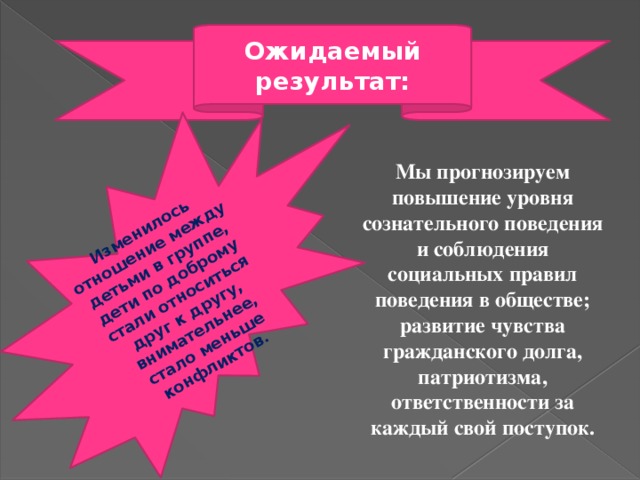 Изменилось отношение между детьми в группе, дети по доброму стали относиться друг к другу, внимательнее, стало меньше конфликтов. Ожидаемый результат: Мы прогнозируем повышение уровня сознательного поведения и соблюдения социальных правил поведения в обществе; развитие чувства гражданского долга, патриотизма, ответственности за каждый свой поступок. 5 