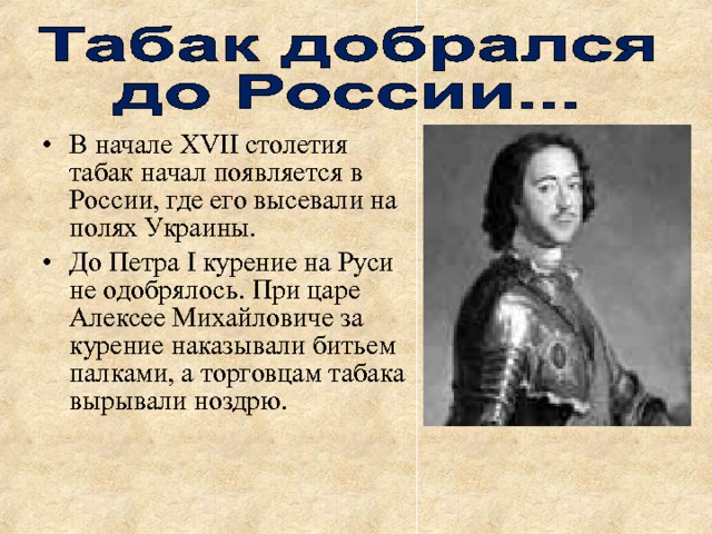 В начале XVII столетия табак начал появляется в России, где его высевали на полях Украины. До Петра I курение на Руси не одобрялось. При царе Алексее Михайловиче за курение наказывали битьем палками, а торговцам табака вырывали ноздрю. 