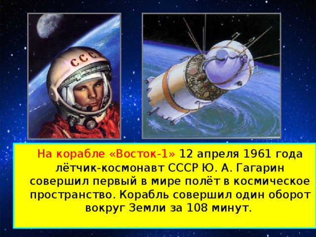 На корабле «Восток-1» 12 апреля 1961 года лётчик-космонавт СССР Ю. А. Гагарин совершил первый в мире полёт в космическое пространство. Корабль совершил один оборот вокруг Земли за 108 минут.