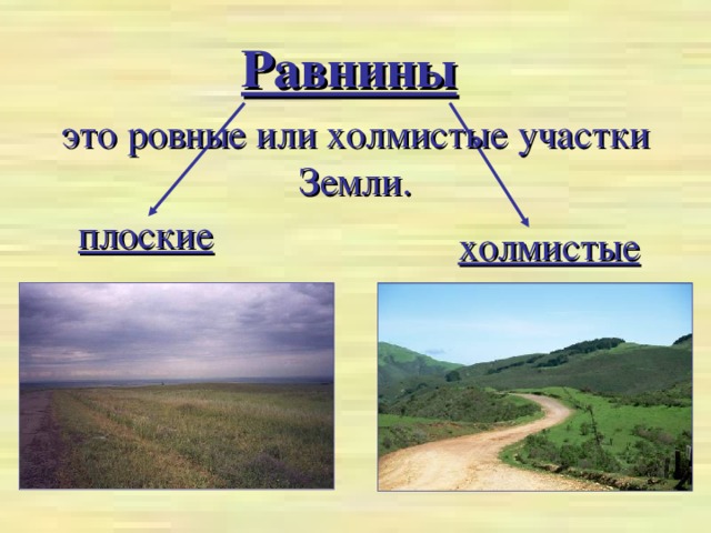 Равнины  это ровные или холмистые участки Земли. плоские холмистые