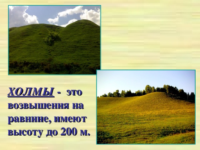 ХОЛМЫ  -  это возвышения на равнине, имеют высоту до 200 м.