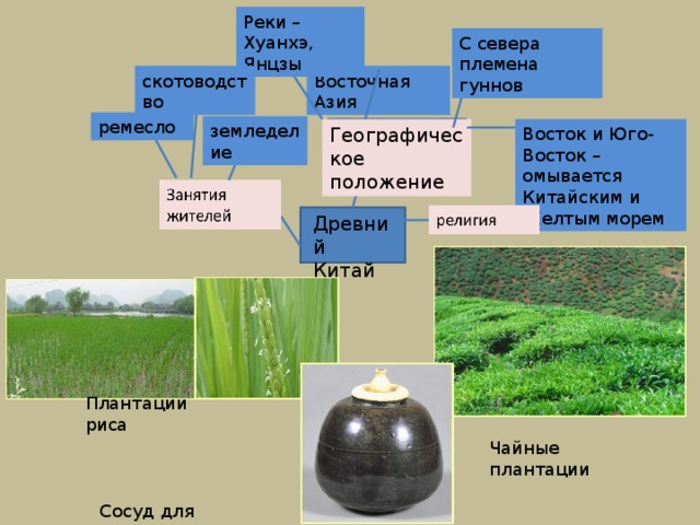 Реки – Хуанхэ, Янцзы С севера племена гуннов Восточная Азия скотоводство ремесло земледелие Восток и Юго-Восток – омывается Китайским и Желтым морем Географическое положение Древний Китай Плантации риса Чайные плантации Сосуд для заваривания чая 