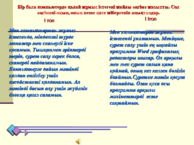 Бір бала компьютерде қалай жұмыс істегені жайлы әңгіме жазыпты. Сол әңгімені оқып, оның неше қате жібергенін анықтаңдар. І Ітоп І топ Мен компьютермен жұмыс істегенде, міндетті түрде монитор мен сканерді іске қосамын. Тышқанмен әріптерді теріп, сурет салу керек болса, сканерді пайдаланамын. Компьютерге дайын мәтінді қолдан енгізбеу үшін джойстикті қолданамын. Ал мәтінді басып алу үшін жүйелік блокқа қағаз саламын. Мен компьютерде жұмыс істегенді ұнатамын. Меніңше, сурет салу үшін ең ыңғайлы программа Word графикалық редакторы шығар. Ол арқылы мен тек сурет салып қана қоймай, оның кез келген бөлігін бояймын.Суретке мәтін қосуға болмайды. Оған қоса осы программа арқылы мәліметтерді есте сақтаймын. 