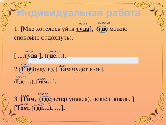 Индивидуальная работа союз.сл ук.сл 1. [ Мне хотелось уйти туда ] , (где можно спокойно отдохнуть).   [ …туда ], (где…). 2.( Где буду я), [ т ам будет и он ] .  (Где …), [там…]. 3. [Т ам, (где ветер унялся), пошёл дождь. ] [Там, (где…), …]. ук.сл союз.сл сою.сл ук.сл сою.сл ук.сл сою.сл ук.сл ук.сл сою.сл 