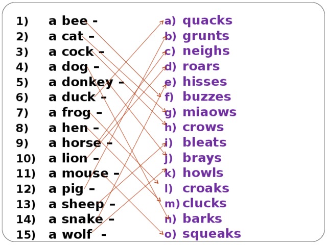 quacks grunts neighs roars hisses buzzes miaows crows bleats brays howls croaks clucks barks squeaks  a bee - a cat – a cock – a dog – a donkey – a duck – a frog – a hen – a horse – a lion – a mouse – a pig – a sheep – a snake – a wolf - 