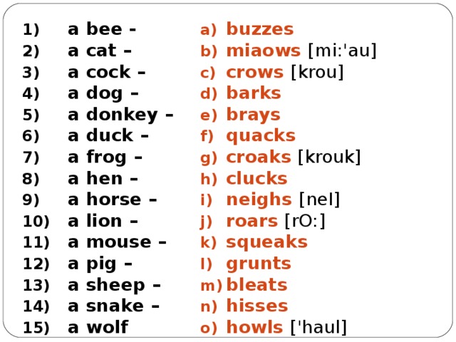 a bee - a cat – a cock – a dog – a donkey – a duck – a frog – a hen – a horse – a lion – a mouse – a pig – a sheep – a snake – a wolf buzzes miaows [mi:'au] crows [ krou ] barks brays quacks croaks [ krouk ] clucks neighs [ neI ] roars [ rO :] squeaks grunts bleats hisses howls [ 'haul ] 