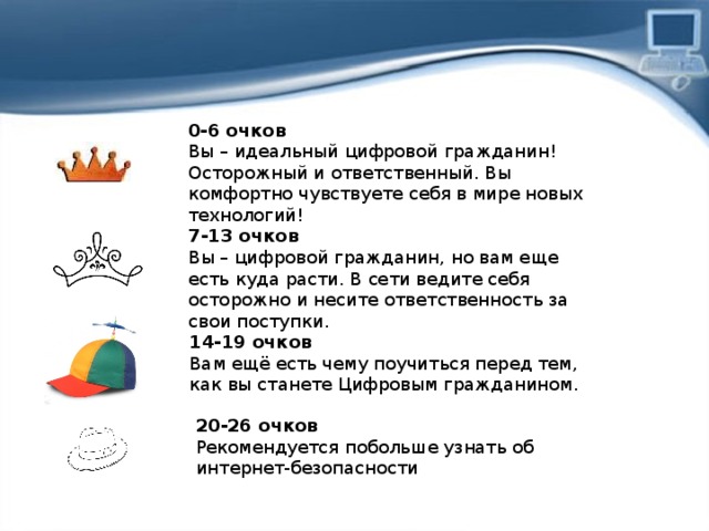 0-6 очков Вы – идеальный цифровой гражданин! Осторожный и ответственный. Вы комфортно чувствуете себя в мире новых технологий! 7-13 очков Вы – цифровой гражданин, но вам еще есть куда расти. В сети ведите себя осторожно и несите ответственность за свои поступки. 14-19 очков Вам ещё есть чему поучиться перед тем, как вы станете Цифровым гражданином. 20-26 очков Рекомендуется побольше узнать об интернет-безопасности 