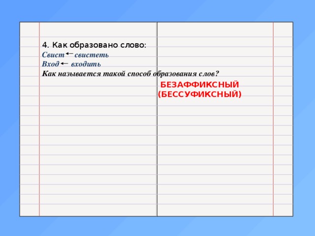 4. Как образовано слово: Свист свистеть Вход входить Как называется такой способ образования слов? БЕЗАФФИКСНЫЙ (БЕССУФИКСНЫЙ) 