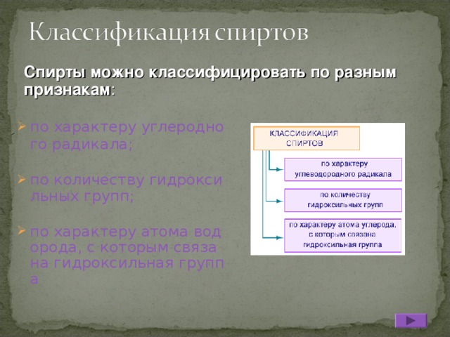 Спирты можно классифицировать по разным признакам :