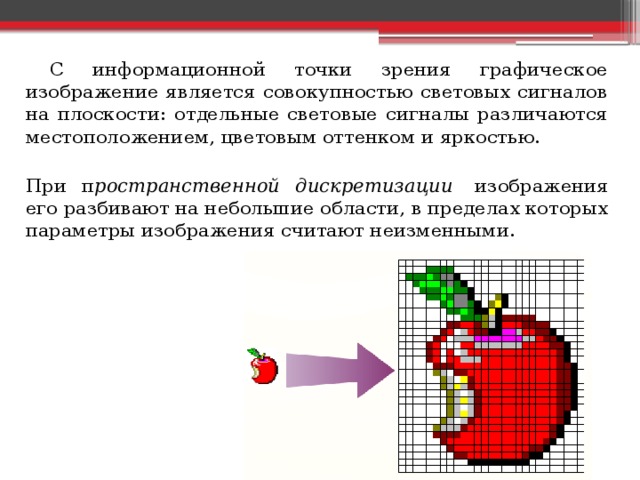   С информационной точки зрения графическое изображение является совокупностью световых сигналов на плоскости: отдельные световые сигналы различаются местоположением, цветовым оттенком и яркостью.  При п ространственной дискретизации   изображения его разбивают на небольшие области, в пределах которых параметры изображения считают неизменными. 