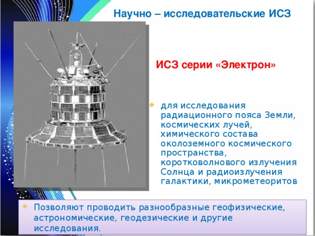Научно – исследовательские ИСЗ ИСЗ серии «Электрон» для исследования радиационного пояса Земли, космических лучей, химического состава околоземного космического пространства, коротковолнового излучения Солнца и радиоизлучения галактики, микрометеоритов Позволяют проводить разнообразные геофизические, астрономические, геодезические и другие исследования. 
