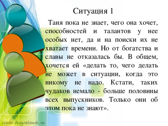 Ситуация 1  Таня пока не знает, чего она хочет, способностей и талантов у нее особых нет, да и на поиски их не хватает времени. Но от богатства и славы не отказалась бы. В общем, хочется ей «делать то, чего делать не может в ситуации, когда это никому не надо. Кстати, таких чудаков немало - больше половины всех выпускников. Только они об этом пока не знают».