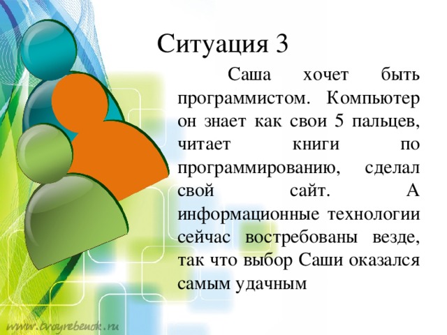 Ситуация 3  Саша хочет быть программистом. Компьютер он знает как свои 5 пальцев, читает книги по программированию, сделал свой сайт. А информационные технологии сейчас востребованы везде, так что выбор Саши оказался самым удачным
