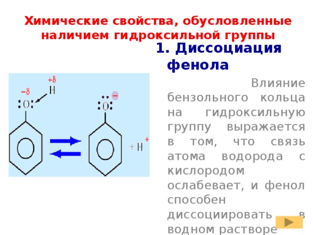 Химические свойства, обусловленные наличием гидроксильной группы 1. Диссоциация фенола  Влияние бензольного кольца на гидроксильную группу выражается в том, что связь атома водорода с кислородом ослабевает, и фенол способен диссоциировать в водном растворе 