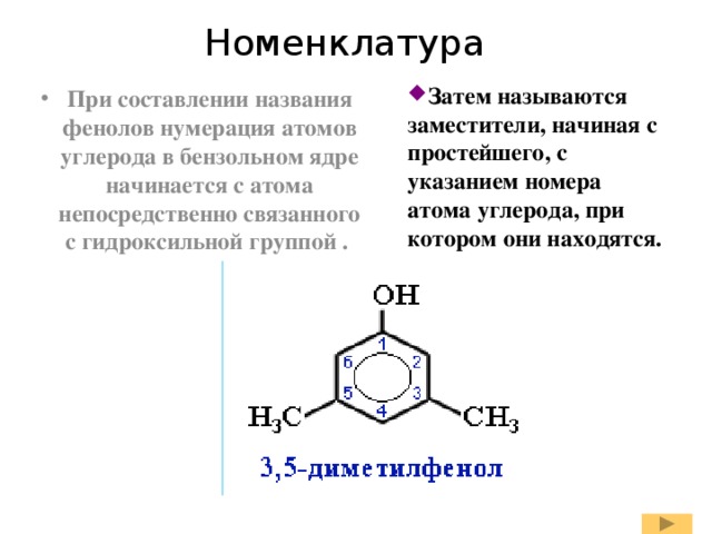Номенклатура Затем называются заместители, начиная с простейшего, с указанием номера атома углерода, при котором они находятся. При составлении названия фенолов нумерация атомов углерода в бензольном ядре начинается с атома непосредственно связанного с гидроксильной группой . 
