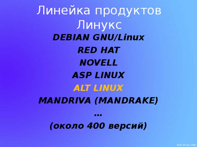 Линейка продуктов Линукс DEBIAN GNU/Linux RED HAT NOVELL ASP LINUX ALT LINUX MANDRIVA (MANDRAKE) … (около 400 версий)  