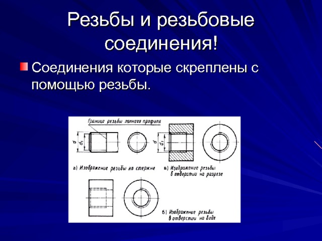 Резьбы и резьбовые соединения! Соединения которые скреплены с помощью резьбы. 